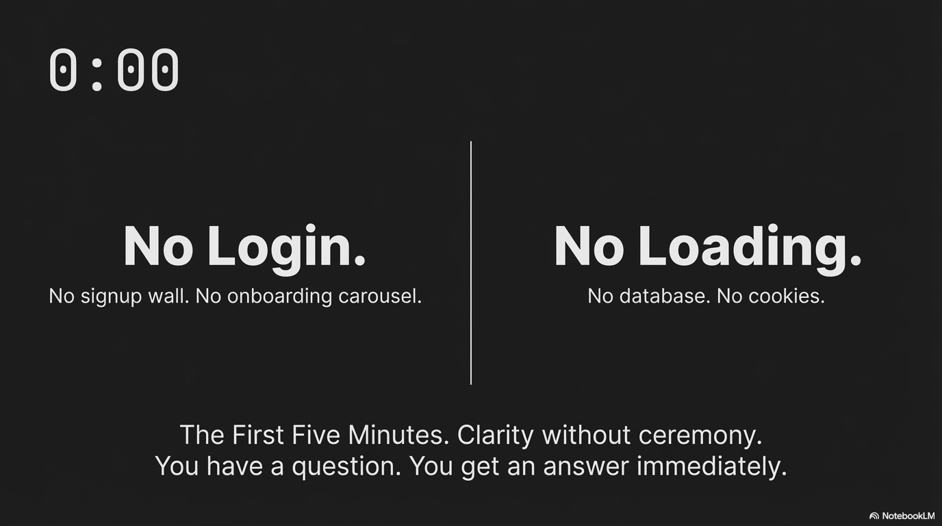 No login, no loading — no signup wall, no onboarding carousel, no database, no cookies, clarity without ceremony