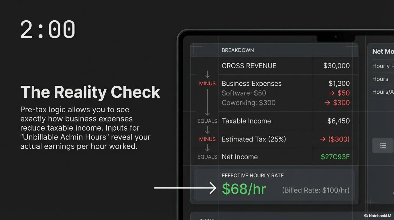 The Reality Check — pre-tax logic shows how business expenses reduce taxable income, revealing effective hourly rate of $68/hr on a $100/hr billed rate
