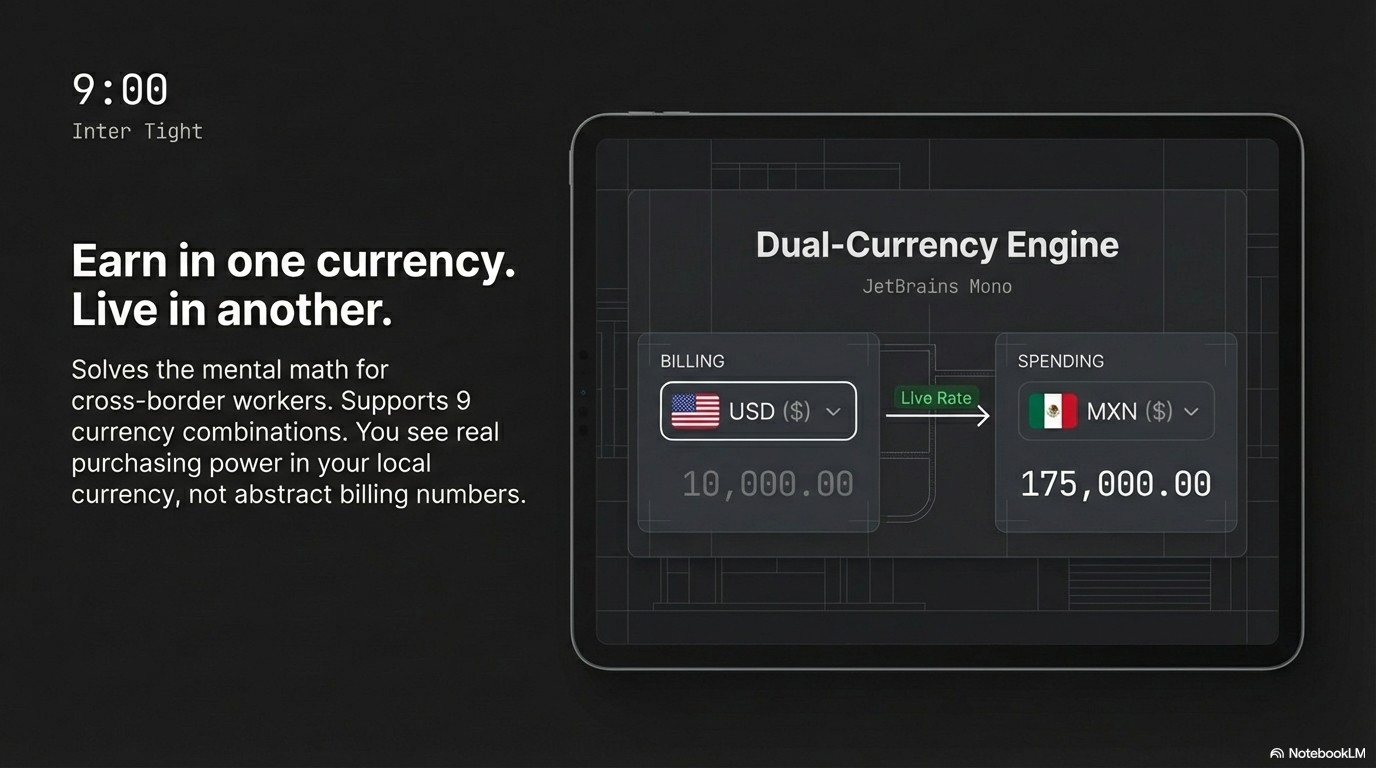 Earn in one currency, live in another — dual-currency engine with 9 combinations showing real purchasing power in your local currency