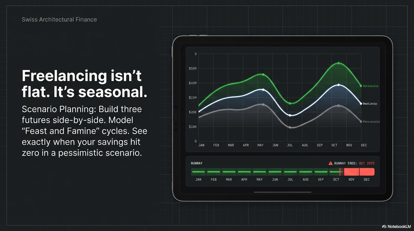 Freelancing is seasonal — three-scenario planning with monthly projection charts modeling feast and famine cycles and savings runway