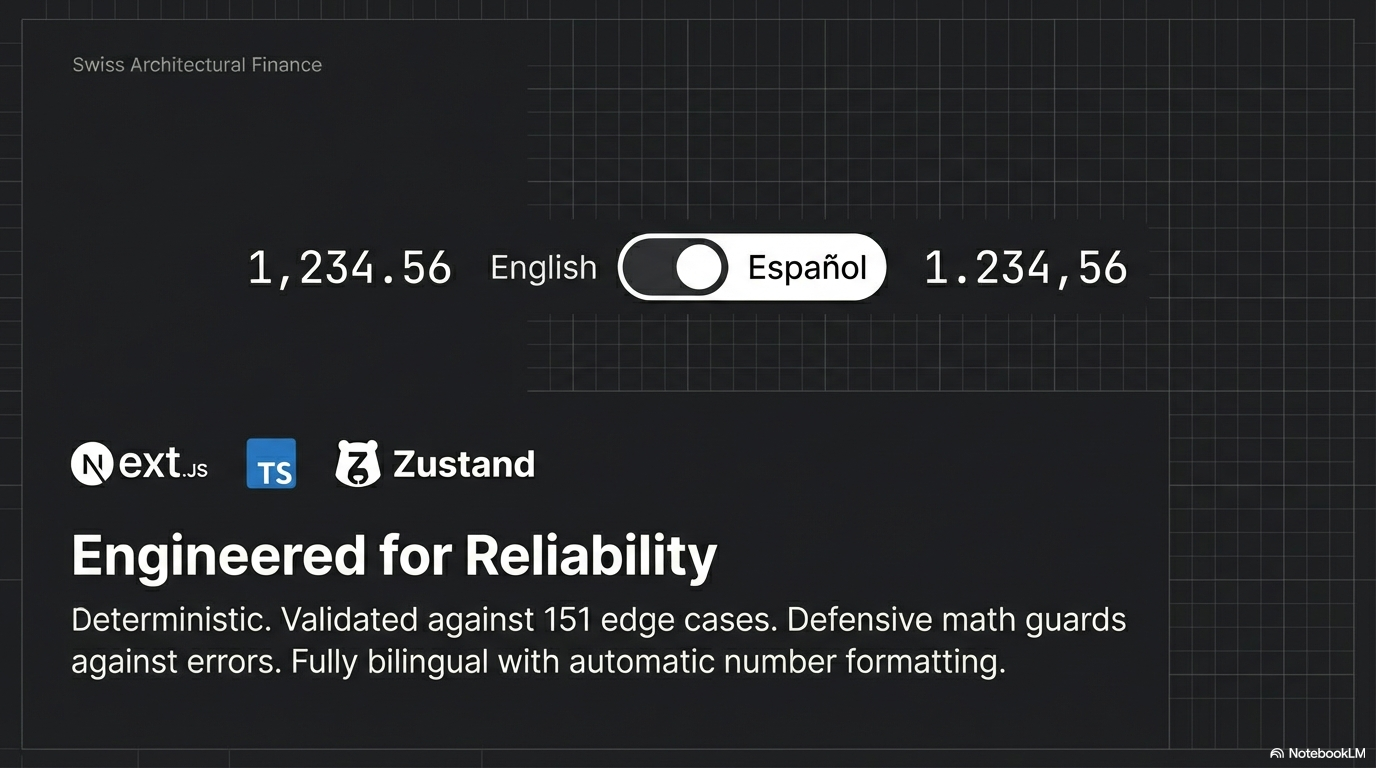 Engineered for reliability — deterministic math validated against 151 edge cases, fully bilingual with automatic number formatting